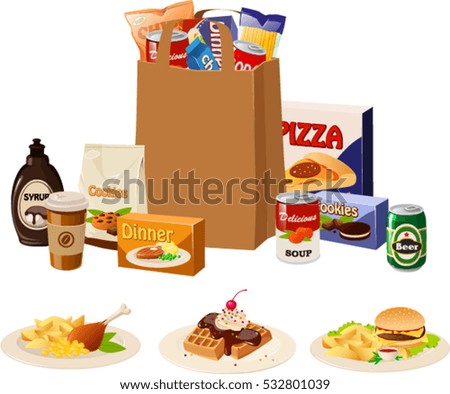 Vector illustration of various products in a paper bag plus 3 dishes.