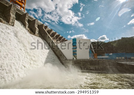 Hydroelectric Water Power plant station dam in Russia, Spillway test