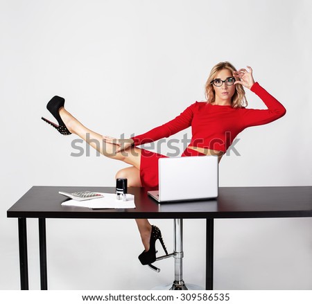 Beautiful Female Secretary on Work Place. White Background