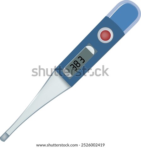 Blue digital medical thermometer displaying a temperature of 38.7 degrees celsius