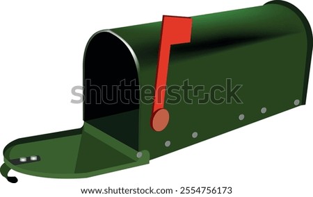 Green mailbox with red flag raised and door open, isolated on a white background