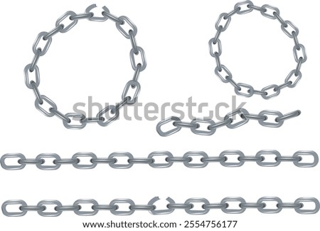 Realistic metal chains forming circles and straight lines, some broken and some intact, isolated on white