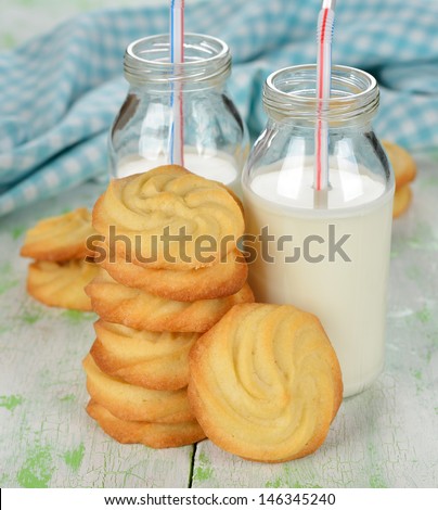 Cookies and milk on a white table