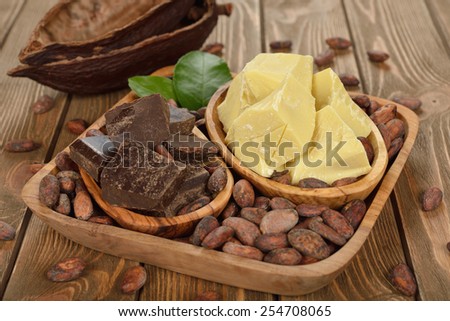 Cocoa beans, cocoa butter and cocoa mass on brown background