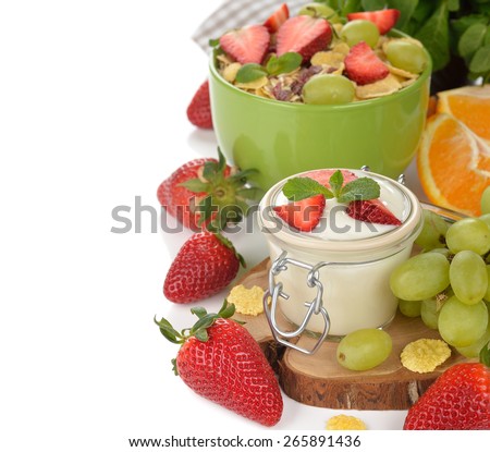 Natural yogurt with fruit on a white background