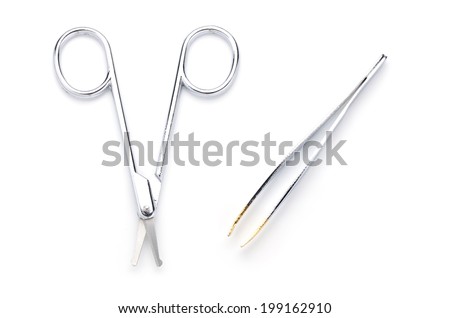 nose hair scissors and tweezers isolated on white background