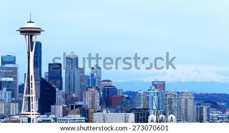 Seattle, Washington, USA - March 2, 2015_Space Needle, Seattle Skyline and Mount Rainier, view from Kerry Park.