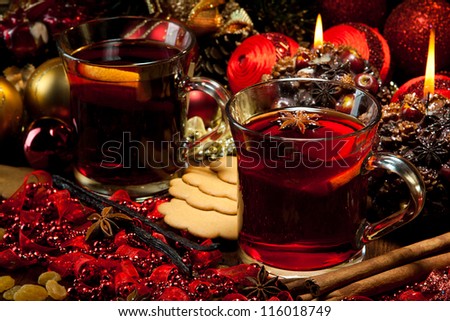 Hot wine for winter and Christmas with delicious cookies and spices