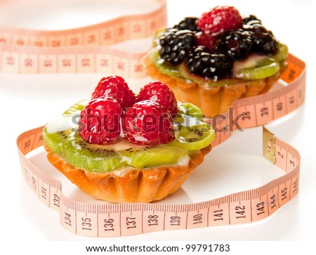 Fresh and sweet dessert cakes with measuring tape isolated on white