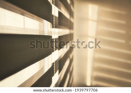 Sun shining through window roller blinds throwing shadows on the wall. Atmospheric mood. Selective focus. Foto stock © 