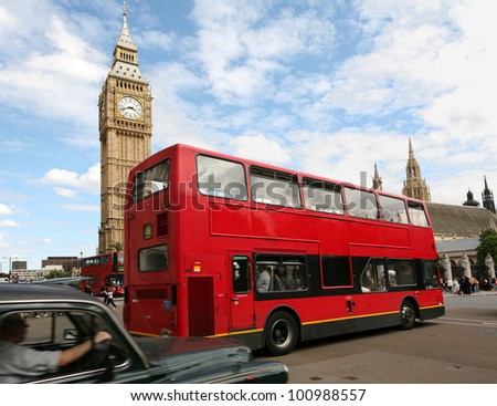London traffic with bus and Big Ben