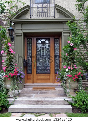 front door with amaryllis