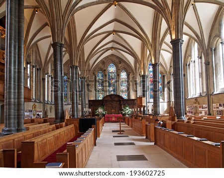 LONDON - CIRCA 2013:  The medieval Temple Church is one of the oldest in London.  Originally used by the Knights Templar, it is now surrounded by law offices.