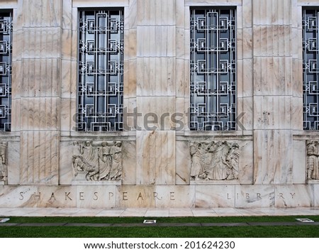 WASHINGTON - JUNE 2014:  The Folger Shakespeare  has one of the finest collections of Shakespeare material, and the building\'s exterior displays sculptures depicting scenes from the most famous plays.