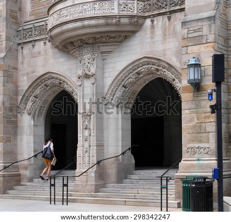 NEW HAVEN, CT - JULY 2015:  Yale\'s Law School is ranked as the best in the United States, and is housed in an elaborate gothic revival building as seen in New Haven in July 2015.