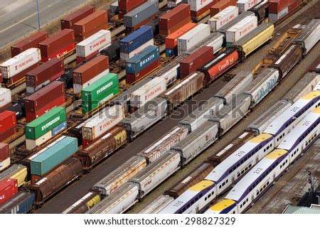 VANCOUVER - JULY 2015:   High view of the rail yard at the busiest port for importing goods from Asia in containers and shipping them across the continent by rail as seen in Vancouver in July 2015.