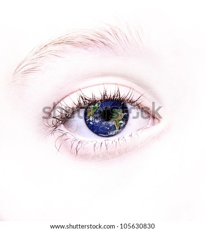 Close up of eye with the earth or world reflected in it, parts of this image furnished by NASA