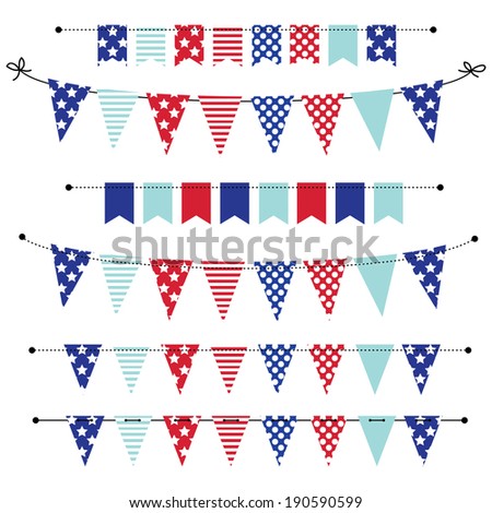 banner, bunting or flags in red white and blue patriotic colors, for scrapbooking, isolated background