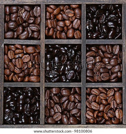 Coffee beans in a variety of roasts light to dark, in a printers box