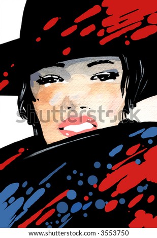 The portrait of the woman drawn by a paint in a hat and a coat with the lifted collar. Additional vector format EPS