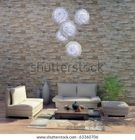 3d rendering. Drawing room a room with a stone wall and with cosy sofas and a coffee little table near it