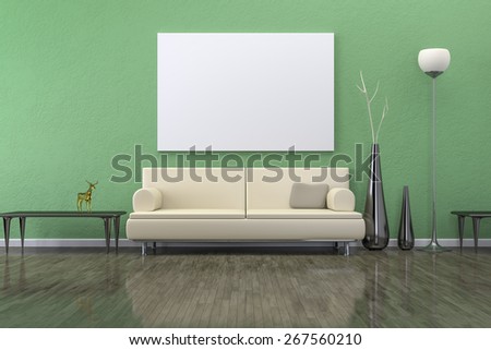 A green room with a sofa and background for your own content