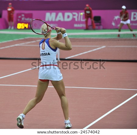 MOSCOW - FEBRUARY 07: Elena Dementieva-Russia in the Fed Cup 2009(Russia-China) tennis match against Zhang  Shuai-China in RUSSIA on February 07, 2009 in Moscow.