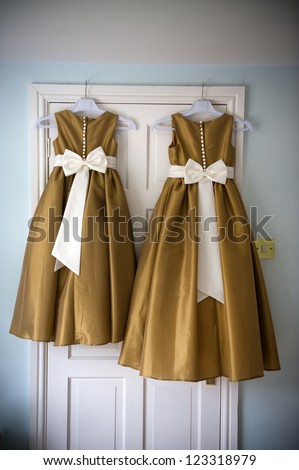 two bridesmaids dresses on hangers before a wedding