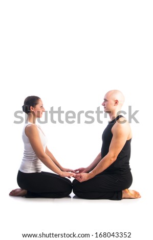 Yoga seria: Couple in Vajrasana, Adamantine Pose, Diamond Pose, Kneeling Pose, Pelvic Pose, and Thunderbolt Pose is an asana isolated on white background