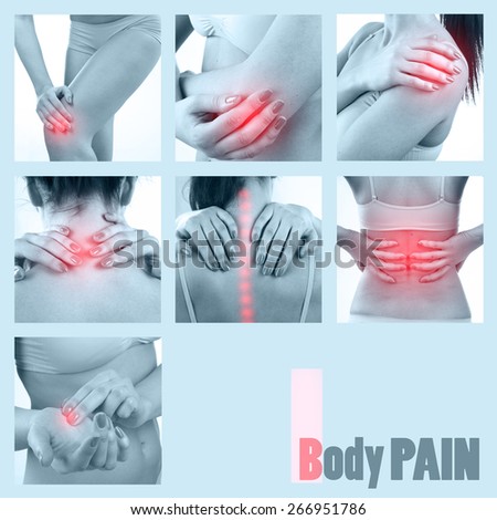 Collage of Woman\'s body pain, toned. Woman with knee, elbow, pain, spine, neck, hand and shoulder pain