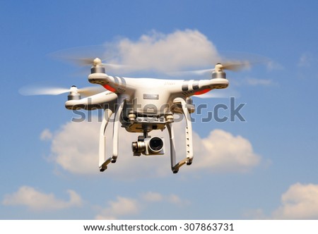 KIEV, UKRAINE - AUGUST 8, 2015: Drone quadrocopter Phantom. New tool for aerial photo and video.