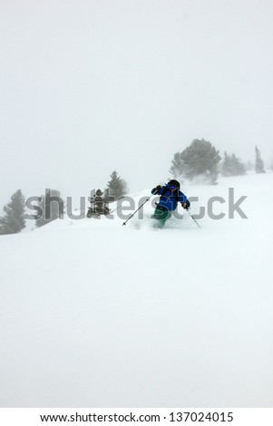 Skiing during a winter storm, Utah, USA.