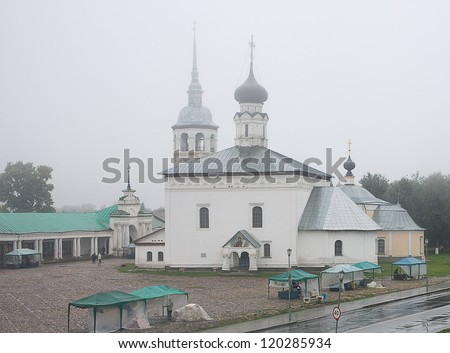 Suzdal. Trade Square. Orthodox temples in the rain.