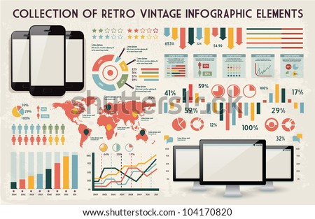 retro vector set of infographic elements for your documents and reports with glossy touchscreen mobile phone and monitor screens