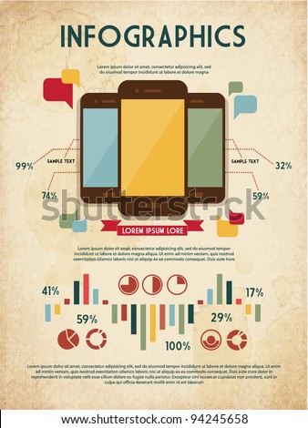 retro vector set of infographic elements for your documents and reports with three touchscreen mobile phone devices