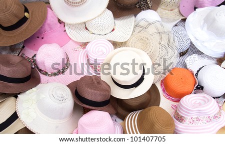 Various Fashion Hats From Top View in Market.
