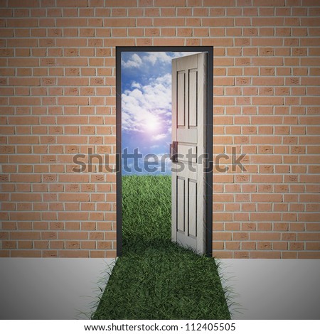 Open door from brick wall to new life . Hope, success, new life and world concepts.