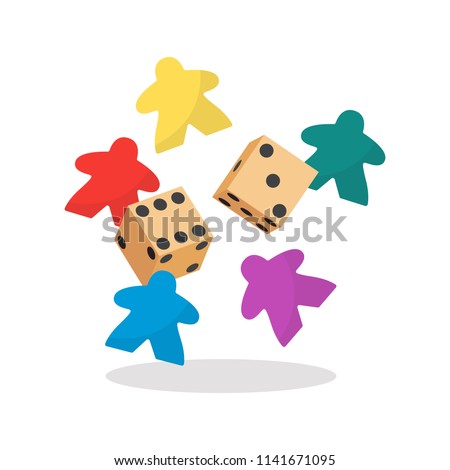 Multicolor meeple and dice vector illustration. Symbol of family board games