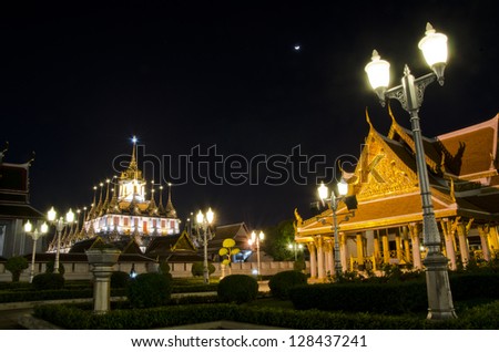 Lohaprasat in Wat Ratchanatdaram Worawihan, beautiful temple at night, Bangkok, Thailand