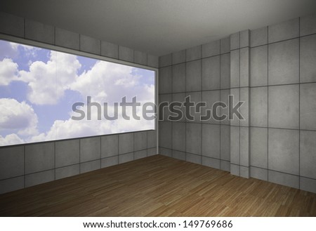 Empty room with grunge wall and old wood floor, blue sky background