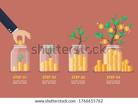 Step of Hand saving coins in glass jars with money trees infographic. Flat style. Vector illustration 