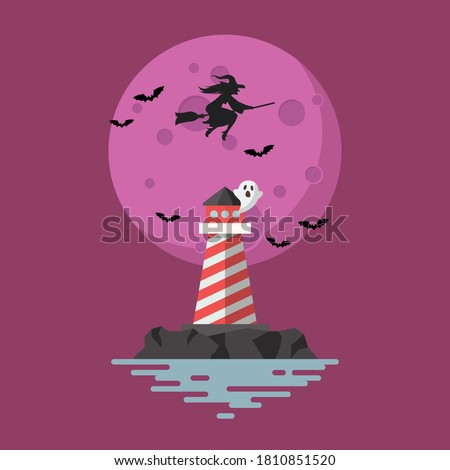Lighthouse with witch flying over the moon. Vector illustration