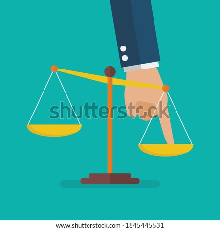 Hand pushing scale out of balance. Unequal Concept. Vector illustration