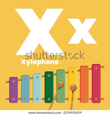 Cute children ABC alphabet flashcard words with the letter X for kids learning English vocabulary. Xylophone. Vector illustration