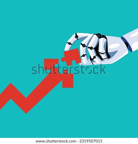 Robot inserts the missing puzzle in arrow graph up. Concept of machine learning. Artificial Intelligence. Vector illustration