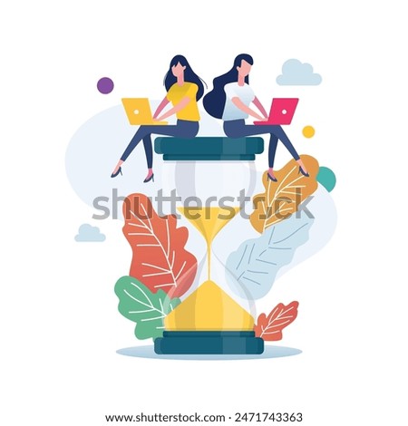 Two women sitting on an hourglass and working on laptop. Deadline and time management concept. Flat style vector illustration.