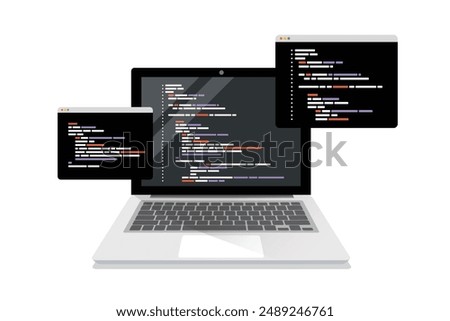 coding symbols and programming windows on laptop screen. Concept of computer programming or developing software or game. Vector flat illustration