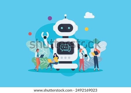 People with android robot. Cyborg Technology. Vector Illustration. 