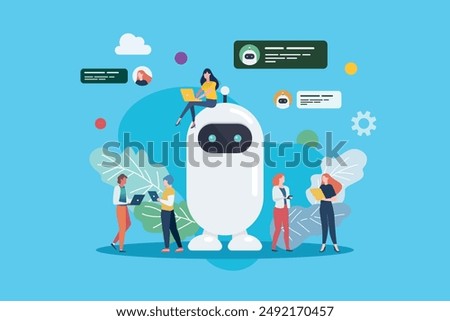 Programmer people with android robot. Cyborg Technology. Vector Illustration. 