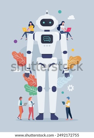 Tiny people with android robot. Cyborg Technology. Vector Illustration. 